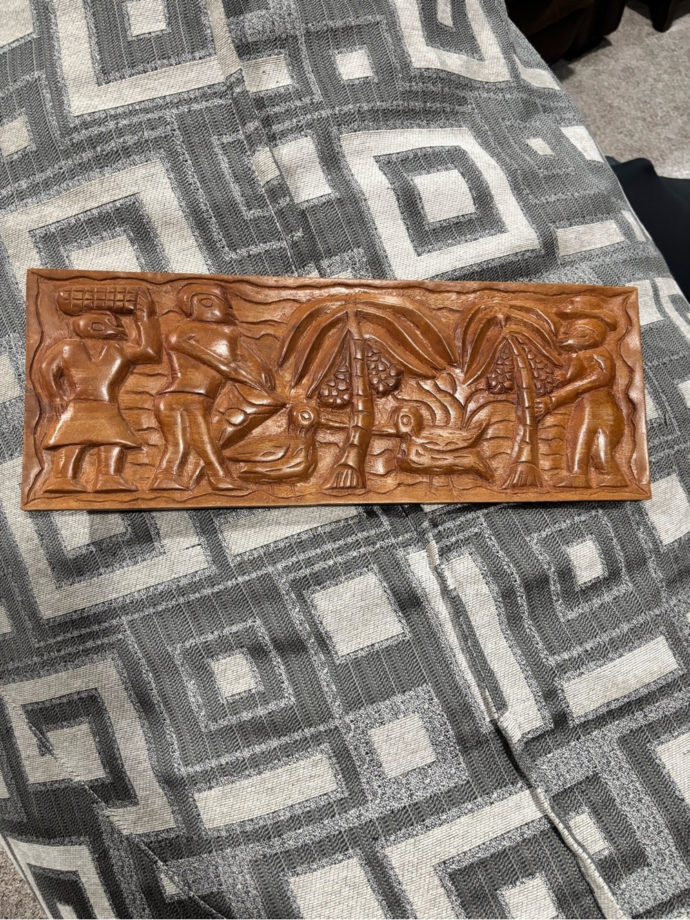 Vintage Carved Wood Relief Panel – Tropical Scene